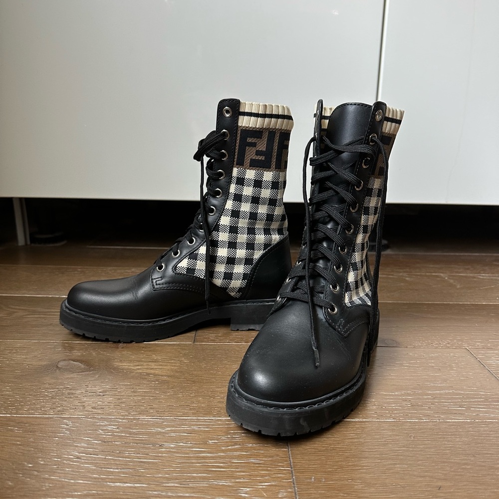 Fendi FF Gingham Sock Lace Up Boots